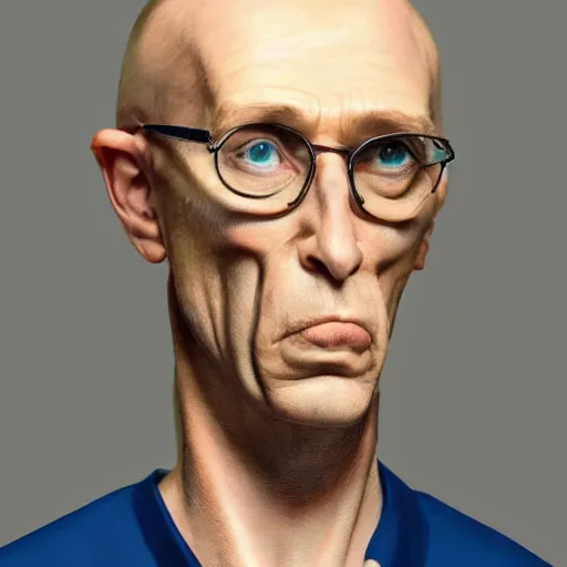 Image similar to A middle-aged Dr. Venture in real life with a hooked nose, a long gaunt face and skinny body and neck, very thin and bald, realistic, very realistic, hyperrealistic, highly detailed, very detailed, extremely detailed, detailed, digital art, oil painting, trending on artstation, headshot and bodyshot, detailed face, very detailed face, extremely detailed face, HD Quality, 8k resolution, very very detailed face, real life