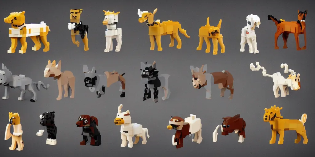 Image similar to animals made of lego bricks, four legged, quadrupedal, cute looking, kawaii, sharp focus, character sheet, game concept art