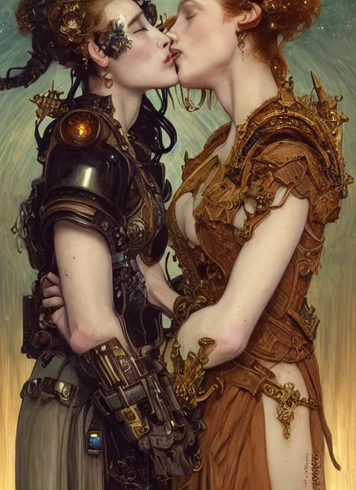 Image similar to portrait of two beautiful pale gothic maidens kissing, warhammer 40000, cyberpunk, intricate, elegant, highly detailed, digital painting, artstation, concept art, smooth, sharp focus, illustration, art by artgerm and greg rutkowski and alphonse mucha and Gustav Klimt