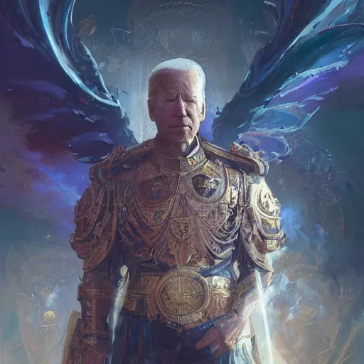 Prompt: god emperor joe biden in the style of craig mullins, greg rutkowski, peter mohrbacher, and drew struzan. epic, majestic, awe inspiring, god rays, fissures, divine, church painting, intricate armor, extreme detail, high octane,