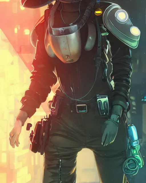 Image similar to anime key visual of a young female police officer, neon, futuristic gas mask, cyberpunk, futuristic, stunning, highly detailed, digital painting, artstation, smooth, soft focus, illustration, art by artgerm and greg rutkowski and alphonse mucha