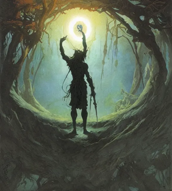 Image similar to a druid standing in a circle at the beginning of the world by alan lee and peter mohrbacher and frank frazetta and mike mignola