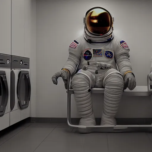 Image similar to a beautiful photo of an astronaut waiting in a laundromat, 1970', soft light, morning light, photorealistic, realistic, octane, 8k, cinematic shot