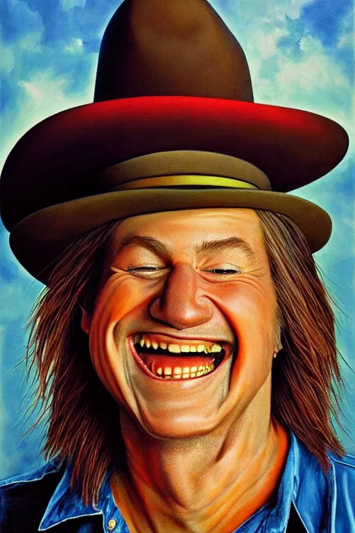 Prompt: hyper realistic painting of braco the gazer wearing a tiny stetson hat, laughing, by chuck close and richard corben, very handsome, hyperdetailed, vivid colours, sharp focus, dramatic lighting, white shirt, flower in hair