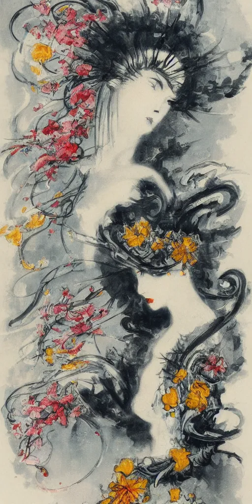 Prompt: Louis Icart, a beautiful painting of an abstract robot tornado made entirely out of flowers, highly detailed, swirling, flowing, dancing, dreaming, bursting with positive energy, happy, creative, masterpiece