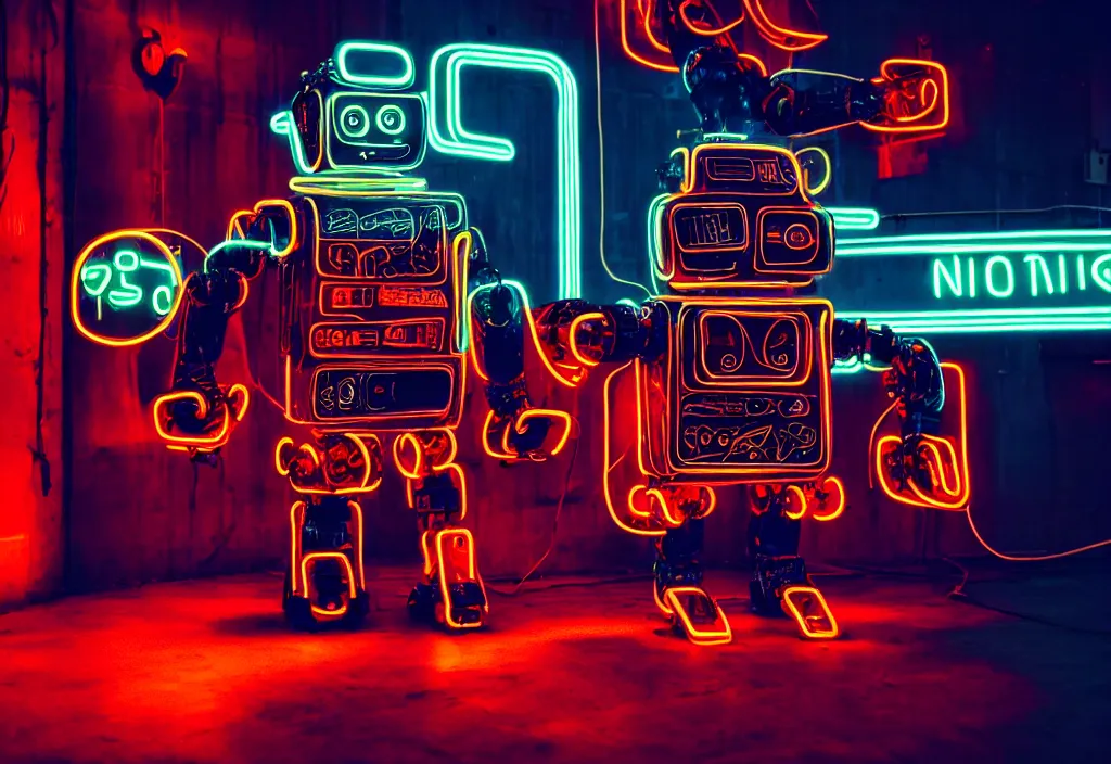 Image similar to a robot made of neon signs, cinematic, surreal, photo, 8k