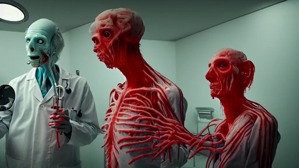 Prompt: the creature at the doctor's office, made of glowing wax and blood, they look use a stethoscope, film still from the movie directed by denis villeneuve and david cronenberg with art direction by salvador dali, wide lens