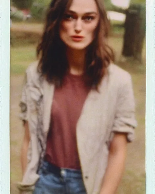 Prompt: you can see keira knightley in this old polaroid taken at teddington in 1 9 9 6