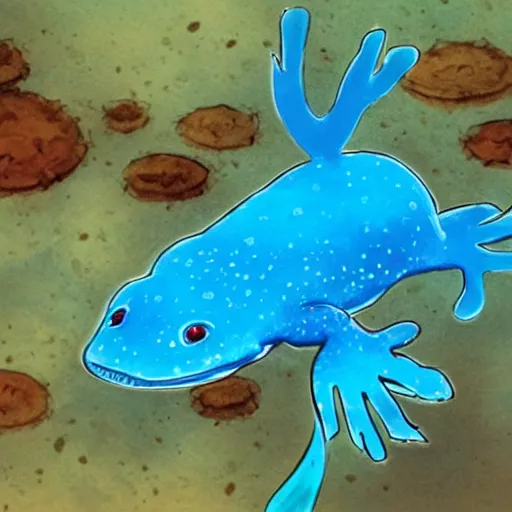 Image similar to a cute blue axolotl, under water, fantasy style