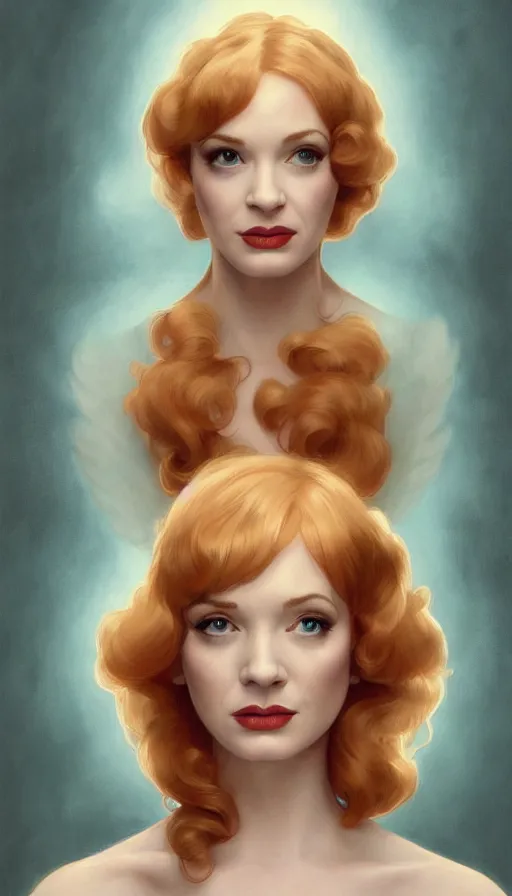 Image similar to Angel, perfectly-centered-painting of young Christina Hendricks in Mad Men looking at the camera, hands behind her back, sweaty, dynamic action pose, insane, intricate, highly detailed, digital painting, artstation, concept art, smooth, sharp focus, illustration, Unreal Engine 5, 8K, art by artgerm and greg rutkowski and alphonse mucha