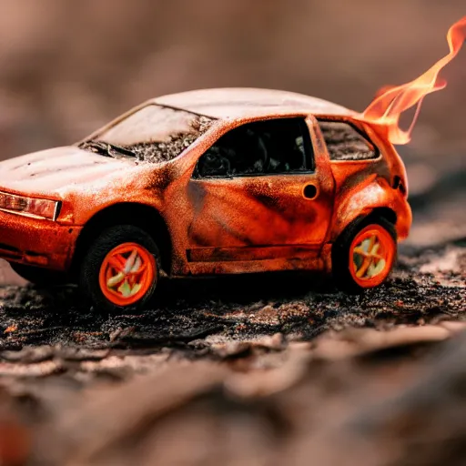 Image similar to macro photography of a toy hot wheels car driving through a forest fire, 3 5 mm