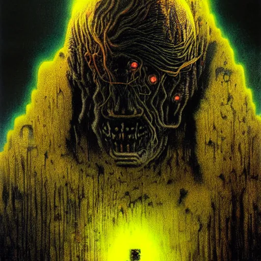 Image similar to mutated giant techno troll, by beksinski and tristan eaton, black and yellow, dark neon trimmed beautiful dystopian digital art