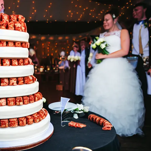 Image similar to a wedding cake made entirely out of sausages with ketchup sauce. During wedding. Highly detailed 8k