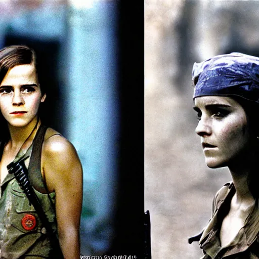 Image similar to film still, extreme far view, emma watson vietnam door gunner, film still from apocalypse now ( 1 9 7 9 ), 2 6 mm, kodak ektachrome, blue tint expired film,