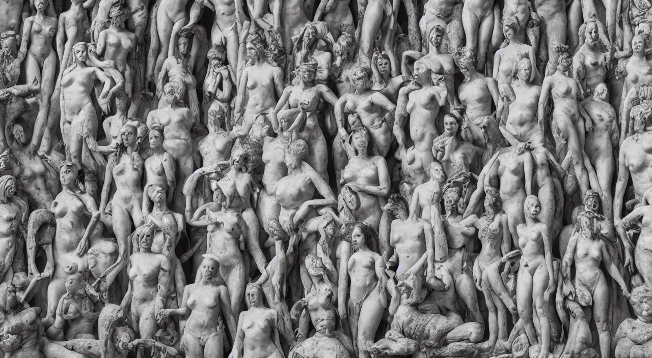 Prompt: 5 0 giant women body sculptures shaping as colums and sculptures a surrealistic building at the kingdom of julius caesar, roman historic works, hyper - detailed, artstation trending, world renowned artists, historic artworks society, antique renewel, good contrast,, cgsociety, deviantart, by gustave dore, 2 4 mm lens, photorealist, national geographic