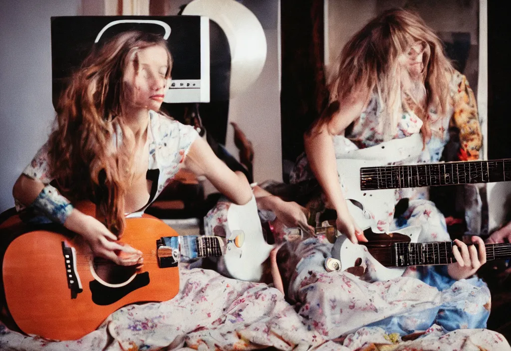 Image similar to hyperreal beautiful women playing guitar in front of a broken flat tv, 3 5 mm, cinestill, depth of field in the style of bruce weber