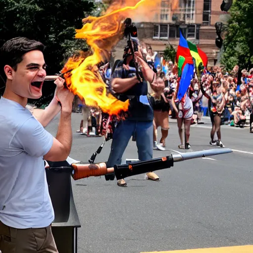 Prompt: Ben Shapiro with a flame thrower shooting it at a pride parade while laughing