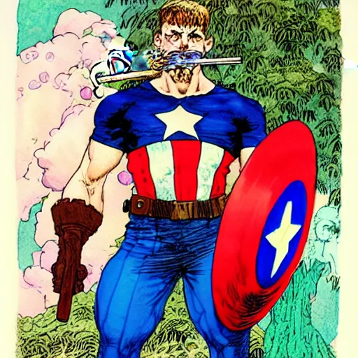 Image similar to a realistic and atmospheric watercolour fantasy character concept art portrait of captain america with pink eyes wearing a wife beater and smoking a huge blunt by rebecca guay, michael kaluta, charles vess and jean moebius giraud