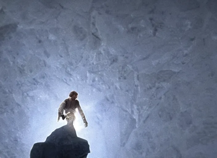 Image similar to epic screenshot from the film of Luke Skywalker, played by Mark Hammill, levitating rocks mid-air, outside marble, iconic scene from the force awakens, 1980s film directed by Stanley Kubrick, cinematic lighting, kodak, strange, hyper real, stunning moody cinematography, with anamorphic lenses, crisp, detailed portrait, 4k image