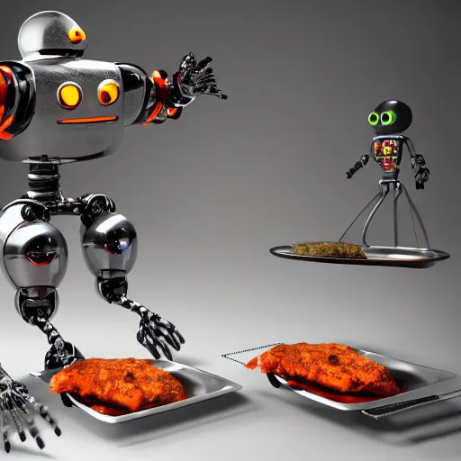 Prompt: a robot chicken cooking chicken, digital Art, Maxwell Renderer