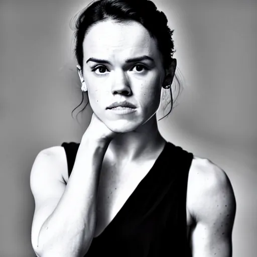 Prompt: black and white tattoo of daisy ridley