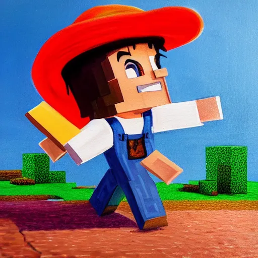 Prompt: a very detailed painting of a little boy with a hat that says MILO running through a cheese and pizza universe, trending on art station, 4k, Minecraft inspired