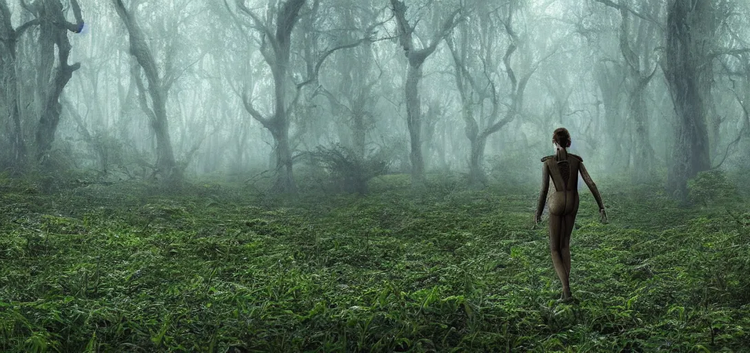 Image similar to a complex organic fractal 3 d metallic symbiotic ceramic humanoid megastructure emma watson in a swampy lush forest, foggy, cinematic shot, photo still from movie by denis villeneuve