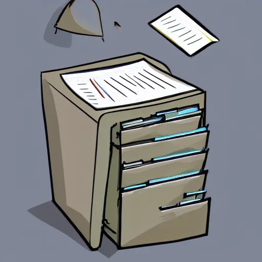 Prompt: filing cabinet overflowing with paperwork, stack of papers, metal filing cabinet, concept art, colored sketch, artstation award, detailed, explosive, flying papers