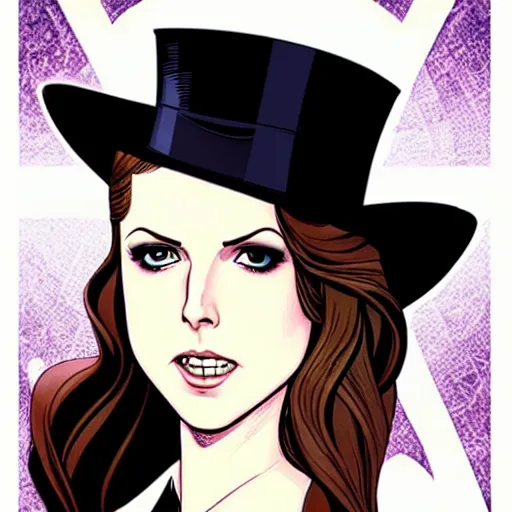 Image similar to beautiful Anna Kendrick Zatanna DC Comics on stage, wearing a top hat, symmetrical face symmetrical eyes, beautiful smile, intricate details, atmospheric, art by eiichiro oda, Joshua Middleton art