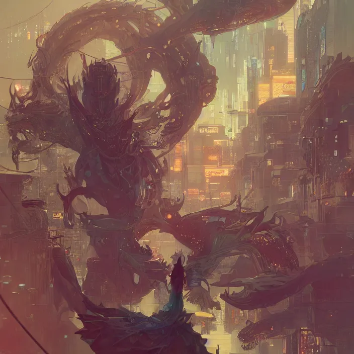 Image similar to concept art by xision ， victo ngai and lfons mucha, greg rutkowski, portrait of cyberpunk dragon, dim lighting, detailed portraits, unreal engine 5, highly rendered,, digital painting, artstation, concept art, smooth, sharp foccus ilustration, detailed and intricate environment ， artstation hq