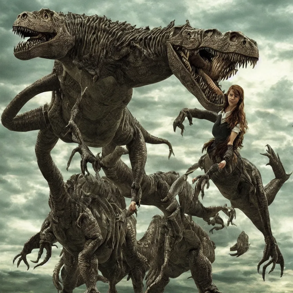 Prompt: hermione granger riding a t - rex
