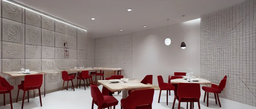 Image similar to a beautiful simple interior render of small roasted string hotpot restaurant restaurant yan'an, wall corner, from china, red paper wall and white tile floor, rectangle white porcelain table, fine simple delicate structure, chinese style, simple composition, simple style structure decoration design, victo ngai, 4 k hd