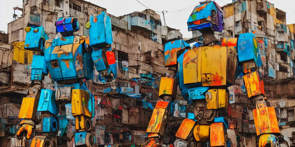 Prompt: colourful giant mecha ROBOT of AJEGUNLE SLUMS in Lagos, markings on robot, neon lights, Golden Hour,
