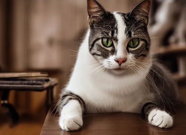 Image similar to photography of a Cat in boots sitting on a table. in a room full of medival things, photorealistic, raining award winning photo, 100mm, sharp, high res