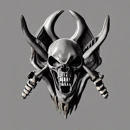 Image similar to 3d render of an old coat of arms with bones, skulls, xenomorphic skulls nerves and veins