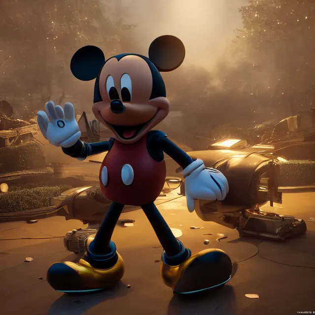 Image similar to ultra realistic mickey mouse wearing mecha armour, dark cinematic, volumetric, realistic, 3 d render, realistic render, cinematic lighting, volumetric lighting, atmospheric, cinematic, unreal engine 5, unreal engine render, octane render, hd, photorealism, hyper realistic, photo, 8 k