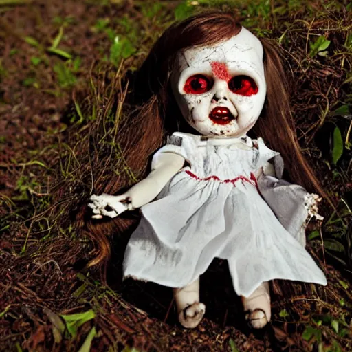 Image similar to macabre abandoned doll, blood stained, few broken hairs, one eye, terrifying