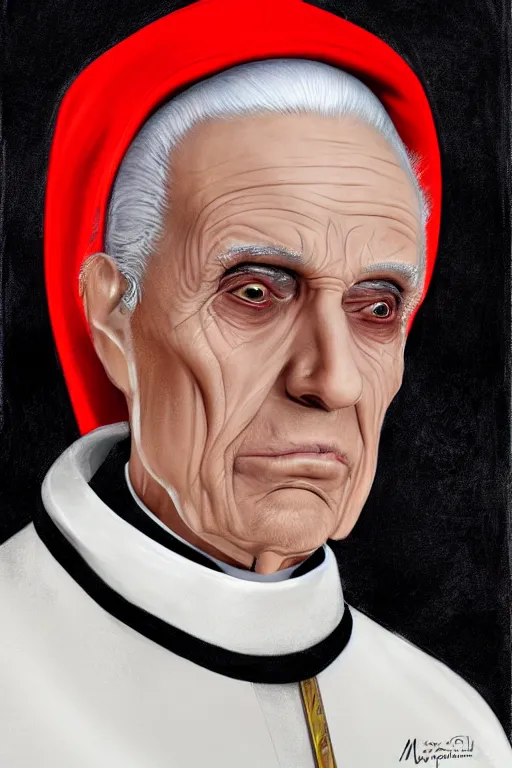 Image similar to evil pope sorcerer in his late nineties. stately and dour in his expression. eyeliner accentuates his sunken eyes. a high black turtleneck covers his thin neck. opulent white golden red robe, gold decoration, sharp focus, digital painting, illustration, art by magali villeneuve