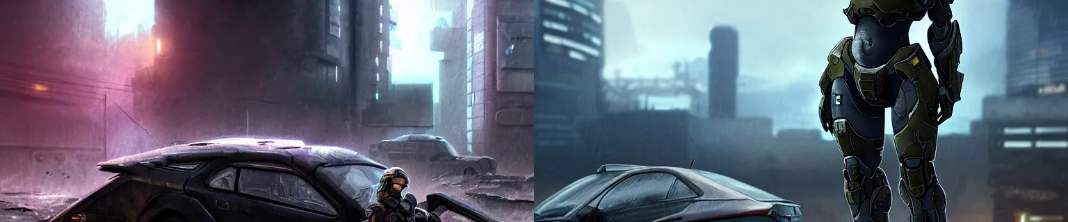 Prompt: character portrait of a female warrior in halo spartan mjolnir armor sitting on top of a broken car in a desolate cyberpunk wasteland city, 8 k, realistic shading, concept art, digital painting, illustration, matte painting, moody lighting, sharp focus, minimal artifacts, wet, octane render, halo infinite, heavy rain, rainstorm