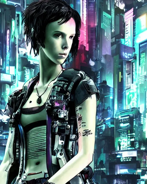 Image similar to photo of cyberpunk millie bobby brown by yoji shinkawa