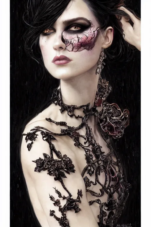 Image similar to beautiful dark goth model wearing epic haute couture by Alexander McQueen, extremely beautiful and proportionate face, in the aesthetic of mert and marcus, masterpiece, intricate, elegant wardrobe, highly detailed, digital painting, artstation, concept art, smooth, sharp focus, illustration, art by artgerm and james jean and greg rutkowski and alphonse mucha