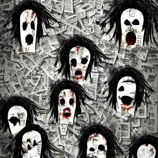 Image similar to multiple faces shredded like paper news scared, dark horror, surreal, illustration, by alley burke