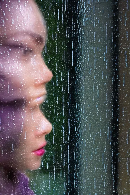 Image similar to close up of a models face looking out a window on a rainy night photographed by Mark Seliger, rain drops on window, rain, green and purple hair, photo realistic, uplight, nighttime, city light reflections