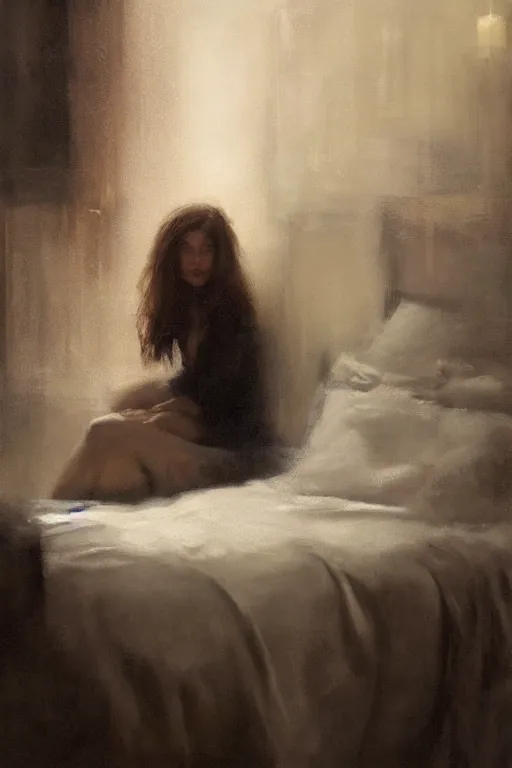 Prompt: detailed cinematic moody colors studio portrait of a lady in bed, high quality by jeremy mann, only one head single portrait