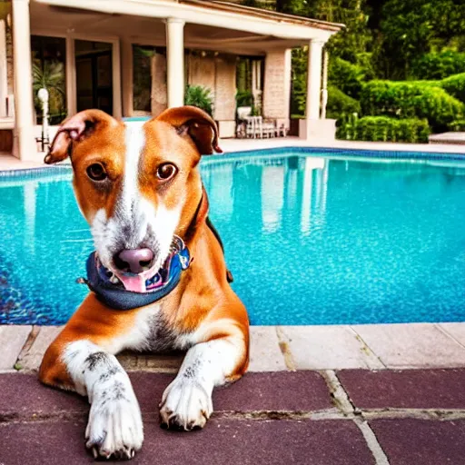 Image similar to a very detailed photo of a dog ( smoking a cigar ) outside the mansion by the pool