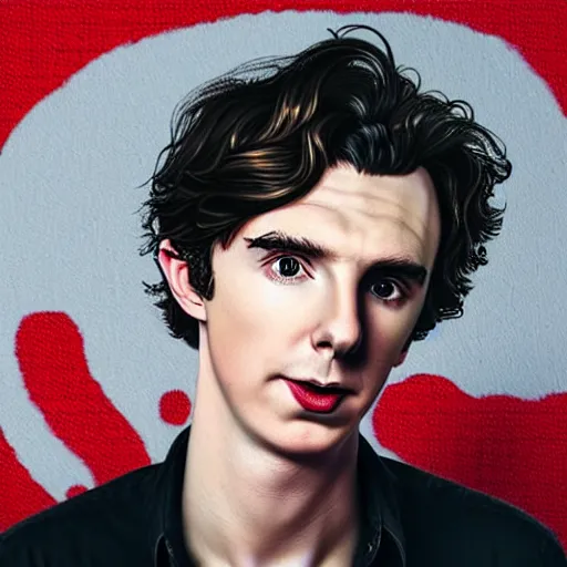 Prompt: portrait of a hybrid of benedict cumberbatch and freddie highmore and timothee chalamet, black shirt with red suspenders, singer in the voice show, photo realistic, highly detailed, perfect face, in style of tim burton