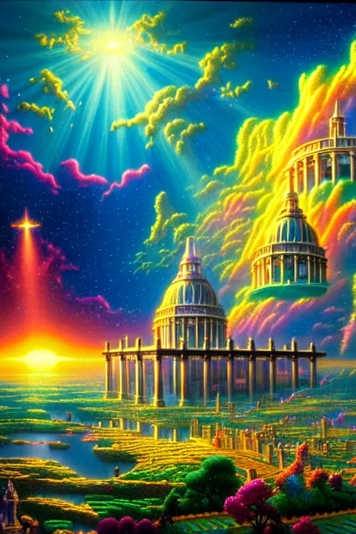 Prompt: a photorealistic detailed cinematic image of a beautiful vibrant iridescent future for human evolution, spiritual science, divinity, utopian garden, lifeforms, cumulus clouds, intelligent design, ornate architecture, isometric, by david a. hardy, kinkade, lisa frank, wpa, public works mural, socialist
