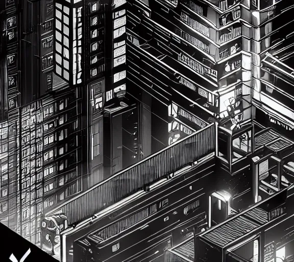 Image similar to a black and white illustration of a cyberpunk netrunner, street level, in the style of (Escher), 4k, 8k, HD, trending on artstation