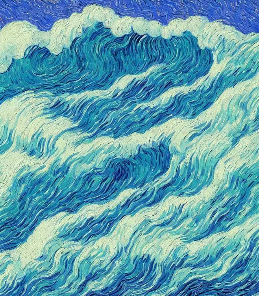 Prompt: an impasto oil painting of a barreling wave painted by vincent van gogh, traidic color scheme, blue and cyan colors, high detail, breathtaking wave, impressionism
