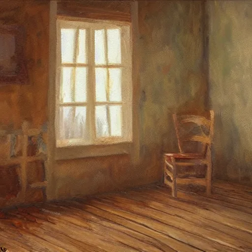 Image similar to oil painting of mostly empty cottage interior with one small window with sunlight shining on the floor. artistic. cozy. wooden floor. rustic